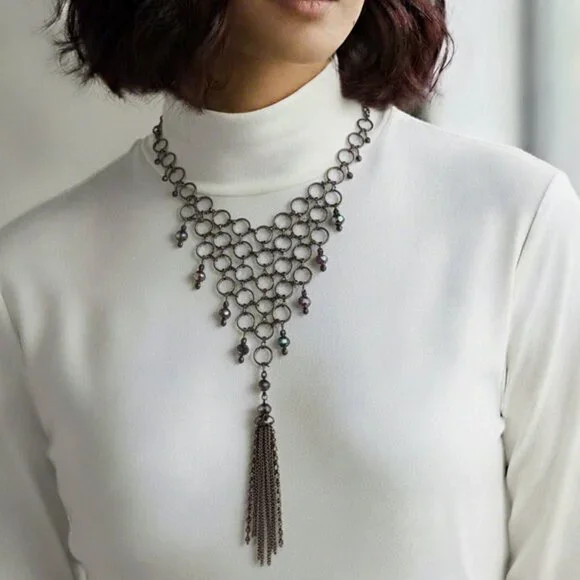 Handmade Gunmetal Rings Black Hematite Bead Bib Statement Necklace Tassel Fringe - Picture 11 of 12